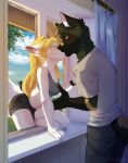  absurd_res anthro bedroom blonde_hair blue_eyes blush bottomwear bra buster_davison canid canine canis clothing domestic_dog duo female fur german_shepherd green_body green_fur hair hakkids2 herding_dog hi_res hotpants inner_ear_fluff kissing male male/female mammal navel pastoral_dog romantic romantic_couple shirt_grab shorts sports_bra tuft underwear white_body white_fur window_sill yellow_eyes 