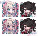  2girls :d ame-chan_(needy_girl_overdose) black_hair black_nails blonde_hair blood blood_on_face blood_on_weapon blue_bow blue_eyes blue_hair blurry blush bow chibi chouzetsusaikawa_tenshi-chan closed_mouth dual_persona gantian_mao_tang grey_eyes hair_bow hair_ornament hair_over_one_eye heart heart_in_eye highres holding holding_knife holding_phone knife long_hair long_sleeves looking_at_viewer multicolored_hair multiple_girls multiple_views nail_polish needy_girl_overdose open_mouth phone pink_bow pink_hair purple_bow quad_tails red_nails sample_watermark smile symbol_in_eye twintails upper_body watermark weapon x_hair_ornament 