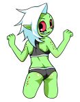 alien alien_humanoid bra breasts butt clothed clothing disney eyebrows female fingers freckles green_body green_skin grin hair humanoid humanoid_pointy_ears itimu long_hair looking_at_viewer looking_back lord_dominator midriff noseless not_furry panties pink_sclera simple_background smile solo sports_bra teeth underwear wander_over_yonder white_background white_hair
