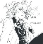  1boy black_pants buttons collared_shirt danganronpa_(series) danganronpa_2:_goodbye_despair formal hair_between_eyes komaeda_nagito looking_at_viewer messy_hair monochrome official_alternate_costume open_mouth pants ponytail ribbon shirt solo sparkle togi9999 twitter_username upper_body vest white_background white_hair 