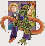  1girl 2boys android android_16 android_18 battle_damage bead_necklace beads black_gloves black_nails blonde_hair blue_eyes blue_pants cell_(dragon_ball) clenched_teeth colored_skin debris dragon_ball dragon_ball_z earrings full_body gloves green_skin hand_on_ground highres hoop_earrings jewelry lips looking_at_viewer male_focus mohawk multicolored_skin multiple_boys muscular muscular_male necklace no_nose oharu2000 one_eye_closed open_clothes open_mouth open_vest orange_hair pants red_eyes red_ribbon_army semi-perfect_cell simple_background stinger superhero_landing sweat tail teeth vest 