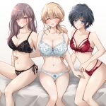  3girls bad_anatomy bare_arms bare_legs bed_sheet black_bra black_panties blonde_hair blue_eyes blush bow bow_panties bra breasts closed_eyes closed_mouth collarbone curly_sidelocks dot_mouth dot_nose eyes_visible_through_hair facing_viewer feet_out_of_frame floating_blush grey_bow hand_on_another&#039;s_leg hand_on_another&#039;s_waist highres kakuremino7928 knee_up knees_together_feet_apart large_breasts legs_together long_hair looking_at_viewer low_ponytail medium_breasts multi-strapped_panties multiple_girls navel open_mouth original panties ponytail red_bra red_eyes red_panties short_hair side-by-side side-tie_panties sitting skindentation slit_pupils small_breasts smile stomach twitter_username underwear underwear_only wavy_hair white_background white_bra white_panties yokozuwari 