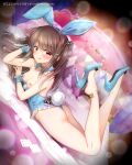  1girl animal_ears ass bare_shoulders blush breasts brown_hair closed_mouth collarbone detached_collar fake_animal_ears fake_tail full_body high_heels long_hair long_sleeves looking_at_viewer medium_breasts mikami_mika nipples open_mouth playboy_bunny purple_eyes rabbit_ears rabbit_tail smile solo tail thighhighs twintails 