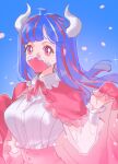  1girl arm_up blue_hair cape collared_cape falling_petals frilled_cape horns long_hair looking_at_viewer mask mouth_mask one_piece petals pink_cape pink_eyes pink_mask pink_ribbon raine_(acke2445) ribbon shirt striped_hair ulti_(one_piece) upper_body white_shirt 