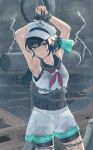  adapted_costume anchor armpits arms_up bags_under_eyes black_hair blue_eyes bodysuit chain covered_navel expressionless gloves hat highres lightning looking_at_viewer murasa_minamitsu neckerchief ocean pusilapusila rain red_neckerchief restrained sailor_collar sailor_hat see-through shirt short_hair shorts single_glove sleeveless touhou touhou_gensou_eclipse wet wet_clothes white_shirt white_shorts 