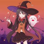 1girl :d ? alternate_costume bangs bat black_hair chinese_clothes commentary_request genshin_impact ghost hair_between_eyes halloween hat holding holding_wand hu_tao_(genshin_impact) kokage_(chenff) long_hair long_sleeves looking_at_viewer midriff parted_lips pleated_skirt red_eyes sidelocks skirt smile staff_of_homa_(genshin_impact) symbol-shaped_pupils twintails wand witch witch_hat 
