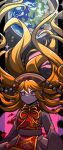  1girl 1jumangoku angry black_dress black_headwear black_sleeves blonde_hair closed_mouth commentary_request cowboy_shot dress earth_(planet) energy_tail eyelashes floating_hair fox_tail gradient_hair highres junko_(touhou) junko_day long_hair long_sleeves looking_at_viewer multicolored_hair neck_ribbon phoenix_crown pillarboxed planet red_eyes red_tabard ribbon solo sparkle tabard tail tassel_hat_ornament touhou v-shaped_eyebrows very_long_hair wide-eyed yellow_ribbon 
