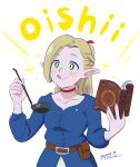  1girl :p absurdres belt belt_pouch blonde_hair blue_robe blush book braid bright_pupils brown_belt choker collarbone dated dungeon_meshi elf grimoire highres holding holding_book holding_ladle ladle long_hair looking_up marcille_donato pointy_ears ponytail pouch red_choker robe signature solo tongue tongue_out tsunemoku white_background white_pupils 