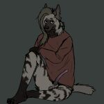  anatomically_correct anthro balls bottomless clothed clothing genitals hair hi_res hyaenid hyaenid_penis looking_at_viewer male mammal shirt solo strana_(artist) striped_hyena stripes topwear 