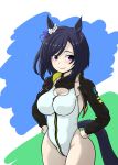  1girl 8zm alice_gear_aegis animal_ears black_hair black_jacket blue_eyes bob_cut breasts circle_cutout cleavage cleavage_cutout clothing_cutout companion/af covered_collarbone ear_scrunchie eishin_flash_(umamusume) front_zipper full-length_zipper hands_on_own_hips highleg highleg_leotard highres horse_ears horse_girl horse_tail jacket large_breasts leotard race_queen scrunchie short_hair sleeveless_turtleneck_leotard smile solo swept_bangs tail turtleneck_leotard two-tone_leotard umamusume white_leotard white_scrunchie zipper zipper_leotard zipper_pull_tab 