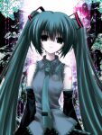  1girl abstract_background aqua_eyes aqua_hair aqua_necktie bare_shoulders black_sleeves breasts check_commentary closed_mouth collared_shirt commentary_request detached_sleeves doping_dance_(vocaloid) empty_eyes grey_shirt hair_ornament hajang68 hatsune_miku highres light_smile long_hair looking_at_viewer necktie shirt sleeveless sleeveless_shirt small_breasts solo standing straight_hair tears twintails twitter_username upper_body very_long_hair vocaloid 