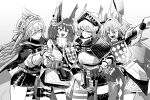  4girls :d :o ;d animal_ears arknights arm_up armor ashlock_(arknights) bird_girl clenched_hand closed_eyes fartooth_(arknights) feather_hair flametail_(arknights) gauntlets greyscale hair_between_eyes hand_on_own_hip hand_up horse_ears horse_girl iwashi_80 long_hair looking_at_another monochrome multiple_girls one_eye_closed pleated_skirt shirt shorts shoulder_armor simple_background skirt smile squirrel_ears squirrel_girl squirrel_tail tail teeth upper_teeth_only visor_(armor) white_background wild_mane_(arknights) 