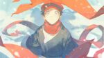  1boy alannoran black_hair blurry blush closed_mouth commentary_request floating_scarf grey_eyes grey_jacket hat highres jacket looking_up male_focus outdoors pokemon pokemon_(game) pokemon_legends:_arceus red_headwear rei_(pokemon) scarf short_hair snow snowing solo 