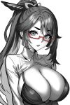  1girl breasts chinese_hairpin cleavage genshin_impact glasses high_ponytail highres huge_breasts long_hair looking_at_viewer monochrome mordredpenx multicolored_hair red-framed_eyewear semi-rimless_eyewear simple_background solo spot_color two-tone_hair under-rim_eyewear very_long_hair xianyun_(genshin_impact) 