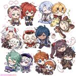  6+boys 6+girls ahoge animal animal_ears animal_hood arataki_itto baizhu_(genshin_impact) blonde_hair blue_eyes blue_hair brothers brown_headwear cat_ears cat_girl cat_tail chibi closed_eyes closed_mouth cushion dark-skinned_male dark_skin diluc_(genshin_impact) diona_(genshin_impact) dress english_commentary eyepatch fake_horns flying_sweatdrops genshin_impact ghost glasses gloves gradient_hair green_hair grey_hair hair_ornament halo hat headband holding holding_hands hood hood_up horned_headwear horns hu_tao_(genshin_impact) jacket japanese_clothes kaeya_(genshin_impact) kamisato_ayato klee_(genshin_impact) long_hair long_sleeves mask mask_on_head mole mole_under_mouth multicolored_hair multiple_boys multiple_girls ofuda one_eye_closed orange_hair paimon_(genshin_impact) pants pink_hair ponytail purple_hair qiqi_(genshin_impact) red-framed_eyewear red_eyes red_hair red_headwear ruin_guard_(genshin_impact) sayu_(genshin_impact) siblings sitting smile snake standing stuffed_toy sumipic sweat sweatdrop tail tartaglia_(genshin_impact) teucer_(genshin_impact) thoma_(genshin_impact) twitter_username vision_(genshin_impact) white_hair zhongli_(genshin_impact) zzz 