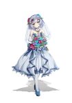  1girl absurdres alternate_costume bangs bare_shoulders blunt_bangs bouquet braid breasts bridal_veil cleavage collarbone commentary_request dress flower full_body genshin_impact green_eyes grey_hair hair_flower hair_ornament head_tilt highres holding holding_bouquet jewelry looking_at_viewer necklace noelle_(genshin_impact) pantyhose red_flower red_rose rose short_hair sidelocks simple_background single_braid sleeveless smile solo strapless strapless_dress veil walking wedding_dress white_background white_dress zhuiyi_sigma 