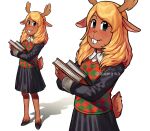  anthro antlers blonde_hair blush blush_lines book bottomwear breasts buckteeth capreoline cervid checkered_clothing checkered_sweater checkered_topwear clothing collared_shirt cuffs_(clothing) deltarune doe_with_antlers eyebrow_through_hair eyebrows female freckles hair hi_res hiomaika hooves horn long_hair looking_at_viewer mammal noelle_holiday pattern_clothing pattern_sweater pattern_topwear reindeer scut_tail short_tail simple_background skirt smile solo sweater sweater_vest teeth topwear translucent translucent_hair undertale_(series) vest video_games white_background 