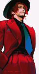  1boy absurdres alternate_costume blue_necktie commentary english_commentary facial_hair formal hands_in_pockets hat highres male_focus necktie one_piece red_eyes red_hair red_suit scar scar_on_face shanks_(one_piece) short_hair signature smile solo suit teeth vamos_mk 