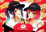  2girls arima_kana black_headwear black_jacket blush bob_cut food hat highres holding holding_food holding_pizza inverted_bob jacket kurokawa_akane long_hair looking_at_viewer multiple_girls open_clothes open_jacket open_mouth oshi_no_ko pizza red_eyes red_hair red_jacket shirt short_hair smile upper_body white_shirt yurigera_8959 