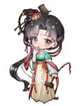  1girl :o absurdres black_eyes black_hair chibi chinese_clothes chinese_hairpin dipper eya_(athas) facial_mark forehead_mark full_body green_shirt hair_bun hair_ornament hand_to_own_mouth hand_up hanfu high-waist_skirt highres holding holding_spoon jiu_niangzi layered_sleeves liquid long_hair long_skirt long_sleeves looking_at_viewer red_shawl reverse:1999 shawl shirt short_over_long_sleeves short_sleeves single_side_bun skirt solo spilling spoon standing tassel tassel_hair_ornament yellow_skirt 