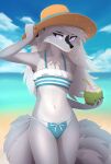  anthro beach beverage bikini bottomwear bow_(feature) breasts canid canine cheek_tuft chest_tuft claws clothed clothing coconut coconut_drink container detailed_background digital_media_(artwork) drinking drinking_straw drupe_(fruit) facial_tuft female fingers flower food fox fruit fur grey_body grey_fur hair hat headgear headwear hi_res holding_object long_hair mammal midriff multicolored_hair navel outside plant purple_eyes rednroge ribbons sand seaside sky solo straw swimwear topwear tuft two_tone_hair water white_body white_fur 