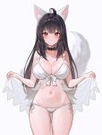  1girl ahoge animal_ears ass_visible_through_thighs bare_arms bare_shoulders bikini black_choker black_hair breasts choker cleavage commission cowboy_shot fox_ears fox_girl fox_tail front-tie_bikini_top front-tie_top fymrie highres korean_commentary large_breasts lifted_by_self navel original parted_lips red_eyes see-through side-tie_bikini_bottom simple_background skindentation solo spaghetti_strap standing stomach string_bikini swimsuit tail tail_raised thighs white_background white_bikini 