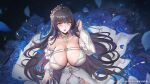  1girl black_hair blue_petals breasts character_name chest_strap cleavage detached_sleeves dress falling_petals flower flower_necklace girls&#039;_frontline gun hair_ornament jewelry large_breasts lips long_hair parted_lips petals ring rose solo sparkle star_(symbol) star_hair_ornament strapless strapless_dress tsuki_no_i-min type_95_(girls&#039;_frontline) weapon white_dress white_flower white_rose white_sleeves yellow_eyes 