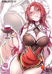  1girl 2021 absurdres alcohol bare_shoulders black_gloves blush breasts china_dress chinese_clothes cleavage closed_mouth cup dress drinking_glass fei_lio_mao gloves highres holding holding_cup honkai_(series) honkai_impact_3rd large_breasts long_hair mole mole_on_breast murata_himeko murata_himeko_(vermillion_knight) red_dress red_hair sleeveless sleeveless_dress smile solo tongue tongue_out wine wine_glass yellow_eyes 