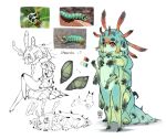 1girl 2019 antennae arthropod_girl arthropod_limbs artist_name blonde_hair caterpillar caterpillar_girl cocoon colored_tips full_body green_hair hand_up highres knee_up looking_at_viewer looking_to_the_side lying monster_girl multicolored_hair multiple_views on_stomach original personification pointy_ears red_eyes red_hair rinkae sharp_teeth short_hair sketch spoken_object standing teeth white_background 