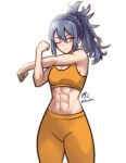  1girl abs bare_shoulders blue_eyes commission fire_emblem fire_emblem_fates highres looking_at_viewer oboro_(fire_emblem) one_eye_closed orange_sports_bra pants rotomdocs sports_bra sportswear stretching yoga_pants 