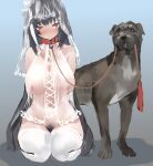 ambiguous_gender animal_humanoid big_breasts blush breasts brown_body brown_fur canid canid_humanoid canine canine_humanoid canis clothing collar domestic_dog duo female feral fur human_pet humanoid kneeling leash leashed_collar legwear looking_at_viewer mammal mammal_humanoid polki pubes red_eyes thigh_highs translucent translucent_clothing wolf_humanoid