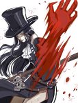  1other ascot bare_shoulders black_hair gloves guilty_gear guilty_gear_strive hat highres holding long_hair looking_at_viewer other_focus red_eyes scythe skull solo testament_(guilty_gear) top_hat udakyo white_ascot 