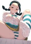  1girl black_hair blush breasts brown_eyes cameltoe candice_(pokemon) clothes_around_waist commission hair_ornament hairclip highres imoto_katsuyuki long_hair looking_at_viewer multi-tied_hair panties pokemon pokemon_dppt shirt skeb_commission skirt smile socks solo striped_clothes striped_panties striped_socks sweater sweater_around_waist twintails underwear wet wet_clothes wet_shirt white_shirt 