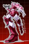  1girl artist_name autobot blue_eyes drop_shadow elita_one gun holding holding_gun holding_weapon looking_up makoto_ono mecha open_hand parted_lips robot running science_fiction solo transformers transformers:_generation_1 weapon 