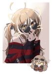  +_+ 1girl :d absurdres ahoge bare_shoulders black-framed_eyewear black_nails black_sweater brown_hair chibi chibi_inset collarbone covering_own_mouth crooked_eyewear drawn_ears drawn_whiskers eyewear_on_head highres hololive hololive_english long_hair looking_at_viewer multicolored_hair multiple_views nail_polish nanashi_mumei off-shoulder_sweater off_shoulder open_mouth polaroid red_sweater ribbed_sweater sidelocks smile streaked_hair striped_clothes striped_sweater sunglasses sweater twintails two-tone_sweater upper_body virtual_youtuber white_hair xx_tk9 yellow_eyes 