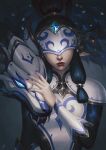  1girl 1other absurdres armor black_hair blue_nails covered_eyes dark_background eye_mask fangs glowing glowing_eyes hand_on_another&#039;s_head high_ponytail highres kgynh kindred_(league_of_legends) lamb_(league_of_legends) league_of_legends long_hair long_sleeves monster pointy_ears porcelain_kindred red_lips shoulder_armor upper_body wolf_(league_of_legends) 