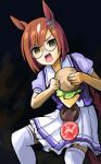  1girl animal_ears asymmetrical_bangs bangs beef brown_hair burger burger_malfunction cheese feet_out_of_frame food glasses green_eyes holding holding_food horse_ears horse_girl horse_tail ikuno_dictus_(umamusume) lettuce open_mouth puffy_short_sleeves puffy_sleeves round_eyewear sailor_collar saturn_devouring_his_son school_uniform short_sleeves skirt solo tail teeth tenten_(chan4545) thighhighs tracen_school_uniform umamusume upper_teeth white_skirt white_thighhighs 