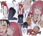  1boy 1girl absurdres animal_ears belt black_hair blue_eyes breasts cat_ears cat_girl cat_tail collared_shirt highres holding_another&#039;s_head jacket licking licking_another&#039;s_face makise_kurisu necktie okabe_rintarou pantyhose red_hair shirt small_breasts steins;gate suehiroch0 tail yellow_eyes 