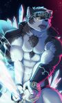 abs accessory anthro body_hair bottomwear bulge canid canine canis chest_hair clothing fur grey_body grey_fur headband hi_res horkeu_kamui_(tas) lifewonders loincloth male mammal melee_weapon muscular muscular_anthro pecs solo sword tokyo_afterschool_summoners weapon wolf yellow_eyes yozki4