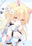  animal_ears blonde_hair cat_ears cat_tail flower genshin_impact hair_flower hair_ornament highres looking_at_viewer lumine_(genshin_impact) open_mouth paw_print paw_print_background scarf short_hair_with_long_locks suisei_1121 tail upper_body white_flower white_romper white_scarf yellow_eyes 