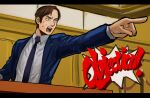  1boy absurdres ace_attorney better_call_saul blue_eyes blue_jacket blue_necktie blue_suit breaking_bad brown_hair commentary_request highres jacket letterboxed ma2_ereki male_focus necktie objection parody pointing saul_goodman solo suit sweat underwear 