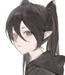  1girl black_hair black_hoodie brown_eyes closed_mouth from_side hair_between_eyes highres hood hood_down hoodie long_hair looking_at_viewer looking_to_the_side original pointy_ears portrait simple_background sketch solo tsukio_(o_tukio) twintails white_background 