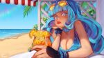  1girl beach bead_necklace beads bikini blue_bikini blue_hair blue_nails blush breasts bush cleavage collarbone cup english_commentary eyewear_on_head food fruit hair_behind_ear hand_on_own_chin highres holding holding_cup jewelry lemon lemon_slice long_hair looking_at_viewer medium_breasts necklace ocean original palm_tree red_lips solo sunglasses swimsuit thick_lips tree wiki_(juicykiwi) 