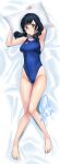  1girl absurdres amano_hina_(tenki_no_ko) barefoot black_hair blue_eyes blue_one-piece_swimsuit breasts commission competition_swimsuit covered_navel dakimakura_(medium) dated from_above full_body highleg highleg_swimsuit highres long_hair looking_at_viewer low_twintails lying medium_breasts on_back one-piece_swimsuit pillow pixiv_commission signature solo swimsuit tenki_no_ko twintails yoo_tenchi 