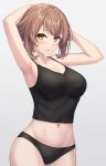  1girl absurdres arms_up black_camisole black_panties breasts brown_hair camisole cowboy_shot flipped_hair green_eyes highres kantai_collection large_breasts looking_at_viewer monoku mutsu_(kancolle) navel panties short_hair solo standing underwear underwear_only 