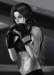  1girl bare_shoulders blurry blurry_background boxing boxing_gloves breasts commentary english_commentary eyelashes fighting_stance greyscale hands_up highres leehwa_(2hwa) lips long_hair looking_away midriff monochrome navel original parted_lips sleeveless solo sports_bra toned upper_body 