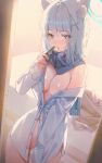  1girl absurdres animal_ears areola_slip arm_at_side blue_archive blue_eyes blue_hair blue_scarf blush breasts buttoned_cuffs cleavage collared_shirt condom condom_in_mouth condom_wrapper cowboy_shot domi_(hongsung0819) grey_hair groin hair_between_eyes halo hand_up highres holding holding_condom large_breasts legs_apart long_hair long_sleeves looking_at_viewer mouth_hold multicolored_hair naked_shirt off_shoulder partially_unbuttoned scarf shiroko_(blue_archive) shirt sleeves_past_fingers sleeves_past_wrists solo streaked_hair surgeon_cuffs thighs wolf_ears wolf_girl 