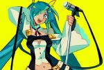  1girl blue_eyes blue_hair borcheim commentary cosplay dizzy_(guilty_gear) dizzy_(guilty_gear)_(cosplay) english_commentary guilty_gear hair_ribbon hair_rings hatsune_miku highres long_hair looking_at_viewer microphone miku_day open_mouth ribbon smile solo tail tail_ornament tail_ribbon vocaloid yellow_ribbon 
