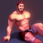  1boy abs bara blue_eyes brown_hair commentary facial_hair fate/grand_order fate_(series) goatee highres large_pectorals long_sideburns male_focus mature_male mike_closet muscular muscular_male napoleon_bonaparte_(fate) navel nipples pectorals short_hair sideburns smile solo stomach topless_male 