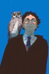  1boy akaashi_keiji animal_on_shoulder animalization bird black_cloak blue_background blue_eyes blue_necktie bokuto_koutarou brown_hair chengongzi123 cloak closed_mouth collared_shirt commentary_request cosplay glasses haikyuu!! harry_potter_(series) highres hogwarts_school_uniform light_smile looking_at_viewer male_focus necktie owl ravenclaw round_eyewear school_uniform shirt short_hair simple_background standing upper_body very_short_hair white_shirt wizarding_world 